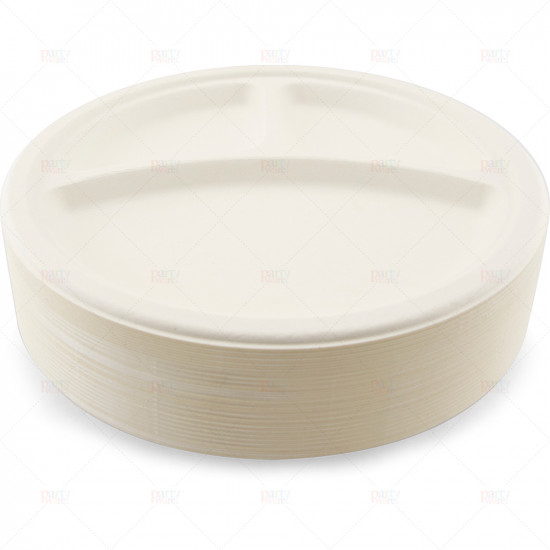 Plates Bagasse White 26cm 3 Compartment 50pc/10