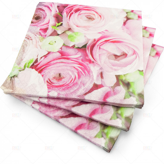 Napkins Design 3Ply Pink Roses & Green Leaf 33cm 20pc/12